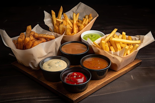 Korb mit Pommes Frites mit verschiedenen köstlichen Dip-Saucen, kreiert mit generativer KI