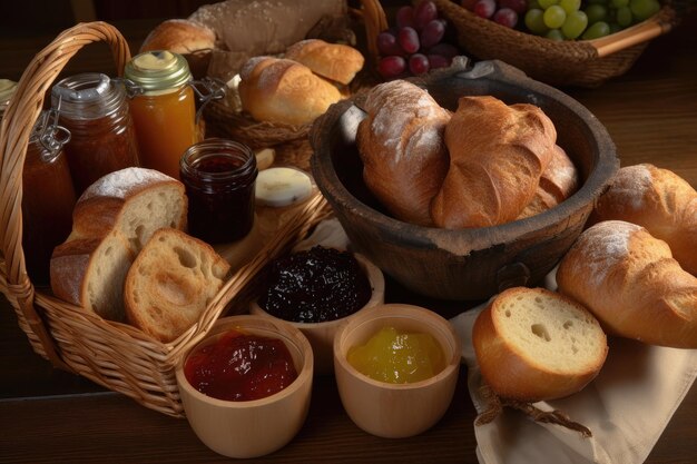 Korb mit rustikalem, knusprigem Brot, gepaart mit einer Auswahl an Marmeladen und Aufstrichen, die mit generativer KI hergestellt wurden