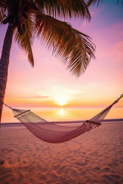 Korbhängematte am Strand mit Palme bei Sonnenuntergang, erstellt mit generativer KI-Technologie