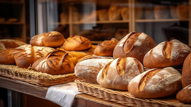 Korbtabletts mit verschiedenen süßen Brötchen in der Bäckerei