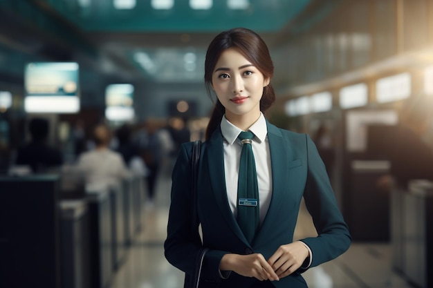 Koreanische Frau, die als Flugbegleiterin im Flughafenhintergrund arbeitet