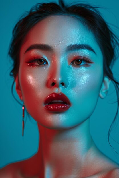 Koreanische Frau mit blau-rotem Make-up Generative KI