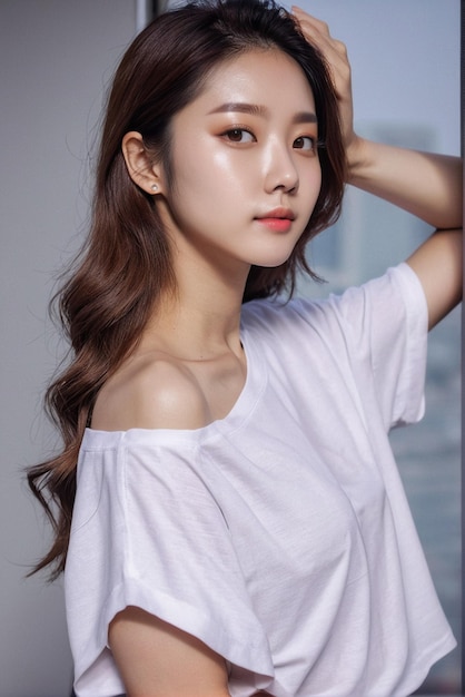 Koreanische Frau trägt ein weißes T-Shirt, ein Mockup für Ihr Design.