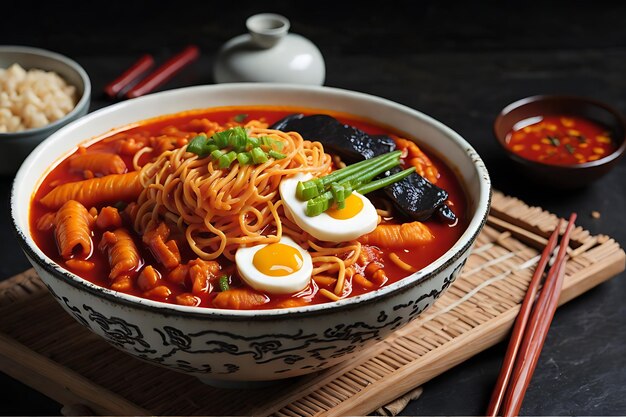 Koreanische Instantnudeln und Tteokbokki in koreanischer würziger Soße, altes Essen