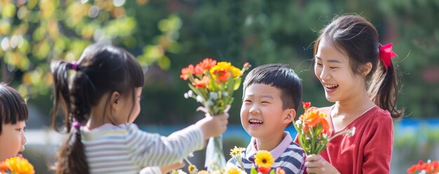 Koreanische Kinder schenken ihren Lehrern Blumen vor einem verschwommenen grünen Hintergrund