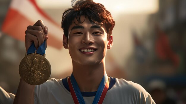 Koreanischer Athlet zeigt seine Goldmedaille