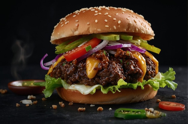 Koreanischer BBQ Bulgogi Bliss Burger auf schwarzem Hintergrund