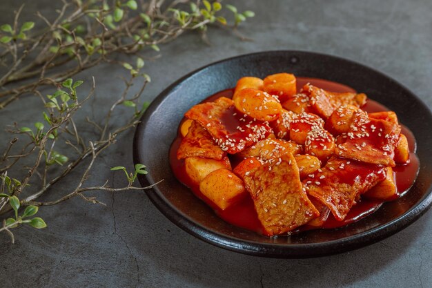 Foto koreanischer, geräucherter reiskuchen tteokbokki