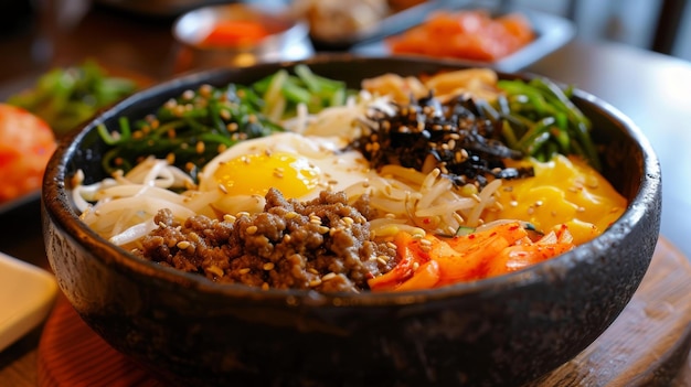 Foto koreanisches essen bibimbap mit ei und rindfleisch