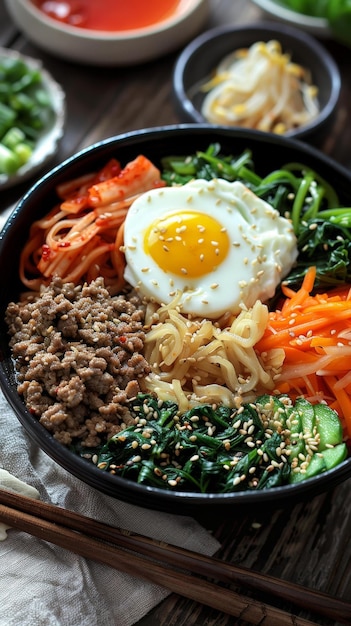 Foto koreanisches essen bibimbap mit eiern, gemüse und rindfleisch