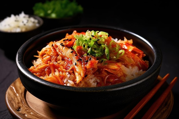 Koreanisches Essen, würziges Kimchi in einer Schüssel mit Essstäbchen