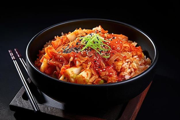 Koreanisches Essen, würziges Kimchi in einer Schüssel mit Essstäbchen