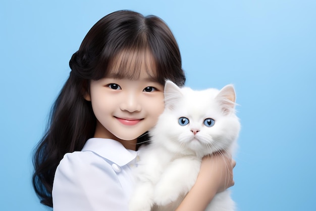 koreanisches kind hält katze lächelnd pose realistische foto hd weiche blaue hintergrund