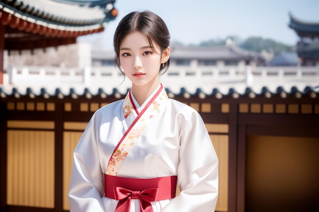 Koreanisches Model mit kurzen schwarzen Haaren und einem Hanbok, der vor einem anmutigen traditionellen Pavillon im Hintergrund aussieht