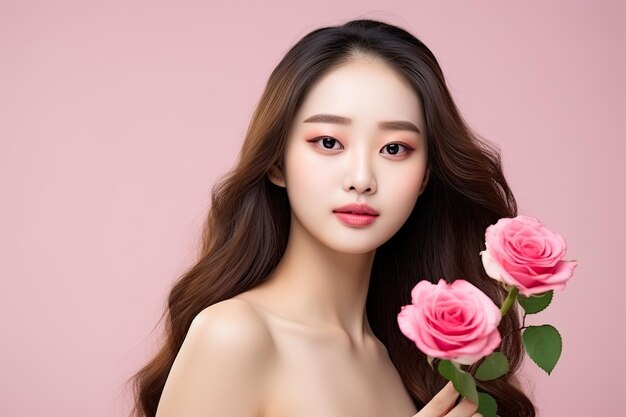 Koreanisches Schönheitsmodell mit makelloser Haut und Frühlingsblüten