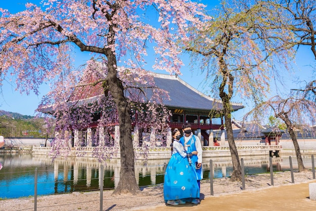 koreanisches traditionelles Kleid Hanbok im Gyeongbokgung Palast im Frühling Seoul Südkorea