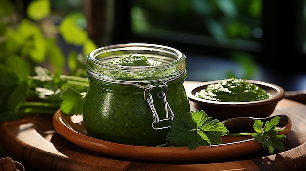 Foto koriander-pesto im glas