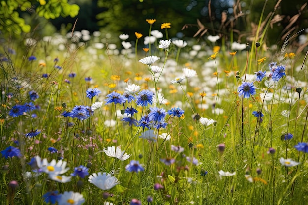 Foto kornblumen- und kamillenbestand auf einer sonnenbeschienenen wiese