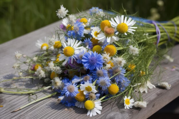 Kornblumen- und Kamillenstrauß zum Pflücken bereit