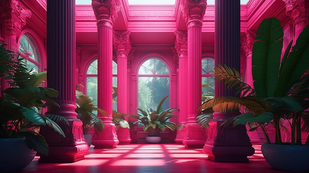 Korridor mit rosa Säulen und grünen Pflanzen in einem Hotel im Vaporwave-Stil