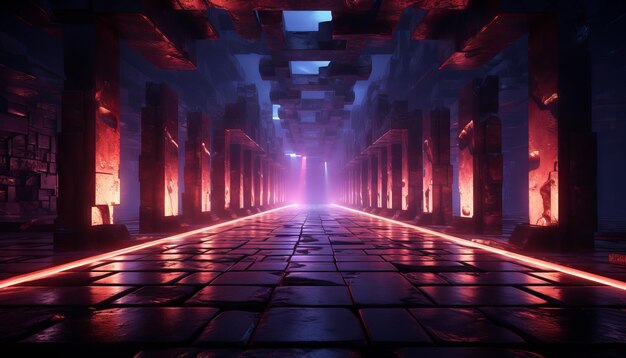 Korridor-Tunnel, dunkle Halle, reflektierendes Neon, leuchtendes Sci-Fi, futuristisch