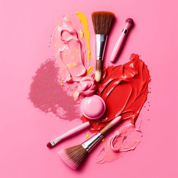 Kosmetik auf rosa Hintergrund, kosmetische Textur aus Gesichtspuder, Lippenstift, Lidschatten, Rouge, Draufsicht
