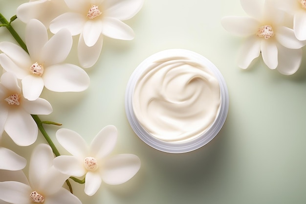 Foto kosmetik-creme-leerfläschchen-mockup mit weißen blumen auf hellem pastellfarbenem hintergrund