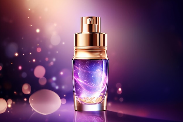 Kosmetik- oder Hautpflege-Goldproduktanzeigen, lila Flasche und glitzernder Lichteffektvektor im Hintergrund
