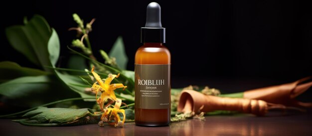 Kosmetik-Sprayflasche Serum ätherisches Ölprodukt mit Blume auf dunklem Hintergrund AI generiert