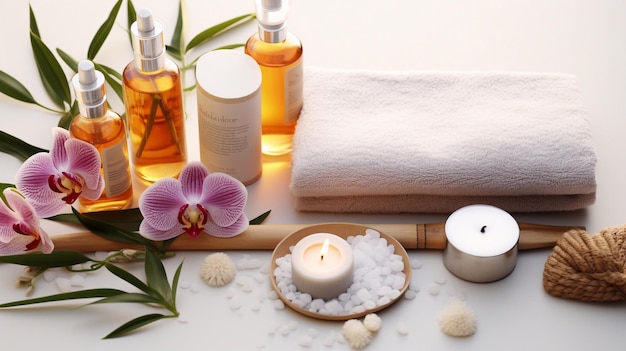 Kosmetika für die Körperpflege, Massageöle und Handtücher mit Kerzen und Blumen, Spa Generative AI