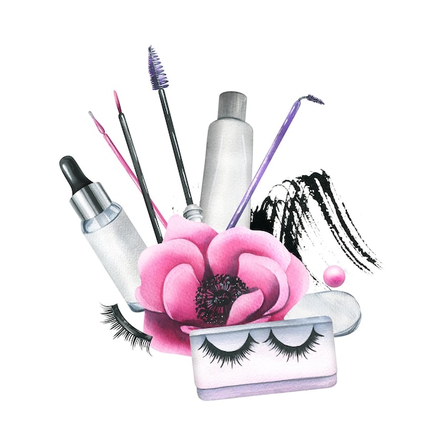 Kosmetika und Pinsel für Augen und Augenbrauen Röhren mit rosa Anemonenblumen Aquarell-Illustration handgezeichnet Isolierte Zusammensetzung auf weißem Hintergrund