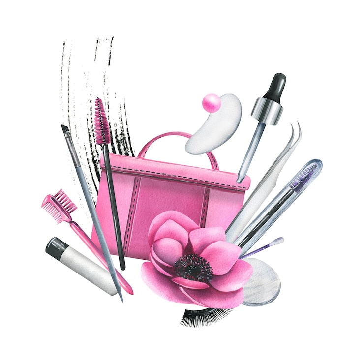 Foto kosmetikbeutel mit cremes, pinsel und make-up-produkten rosa mit blumen aquarell illustration hand