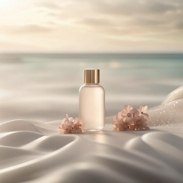 Kosmetikcremeflasche mit Blumen am Strand 3D-Rendering