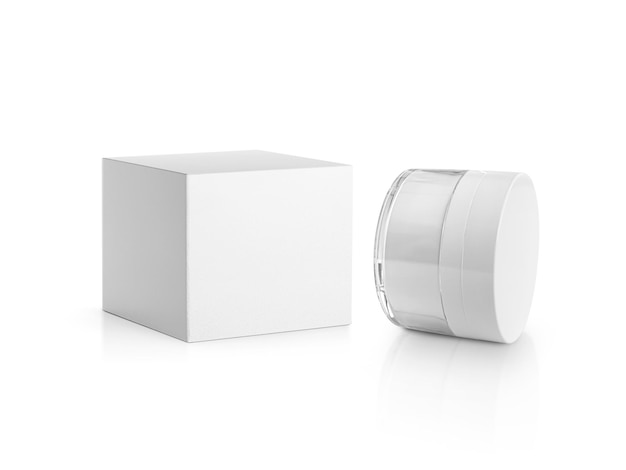 Kosmetikdose mit Verpackungsbox-Attrappe isoliert auf weißem Hintergrund