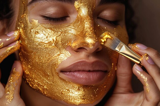 Foto kosmetiker, der eine goldene maske für ein glänzendes, hydratisiertes haut-spa aufträgt