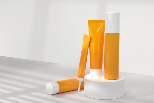 Kosmetikflaschen auf dem Podium Mock-up-Banner Orangefarbene Tuben mit Schönheitskosmetik-Hautpflegeprodukten auf der Bühne Sonnenschutz-Augencremeöl oder Körperlotion auf Studiohintergrund mit Schatten 3D-Rendering