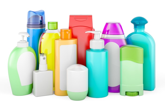 Kosmetikflaschen Shampoo Balsam Conditioner Deodorant Rasierschaum Seife und andere Produkte 3D-Rendering