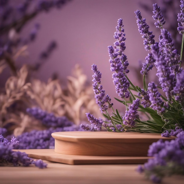 Kosmetikprodukt-Werbestand-Ausstellungs-Holzpodest auf lavendelfarbenem Blumenhintergrund