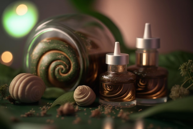 Kosmetische Bio-Flasche und Schneckenhaus mit Mucin-Ergänzung Schönheit Hautpflege Illustration Generative KI
