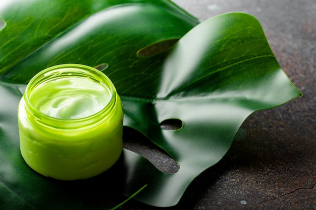 Kosmetische Creme in einem Behälter auf einer grünen Monstera tropischer Blattwinkelansicht, Naturkosmetik und organisches Hautpflegeproduktkonzept. Creme für Gesichts- und Körperpflege, kosmetischer Hintergrund mit Kopierraum