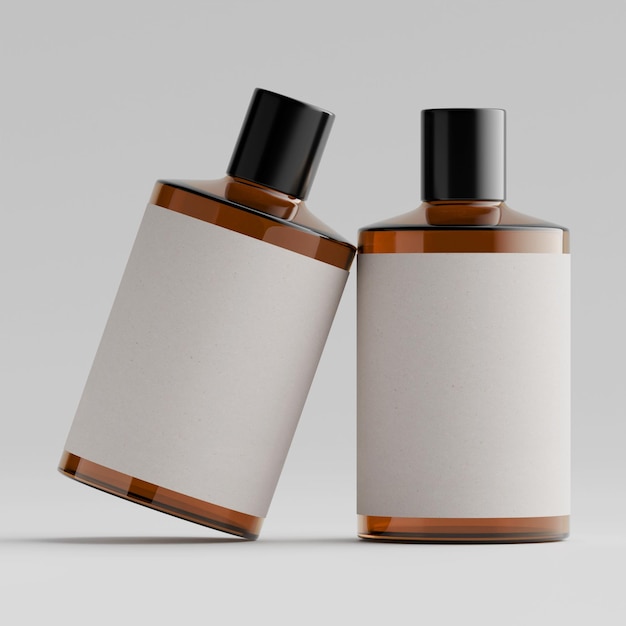 Kosmetische Flasche mit leerem Etikett auf grauem Hintergrund
