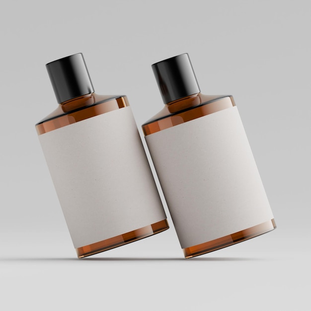 Kosmetische Flasche mit leerem Etikett auf grauem Hintergrund