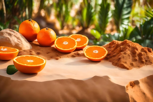 Kosmetische Podiumskomposition aus natürlichem, kubischem Orangenfelsen mit Wüste im tropischen Wald