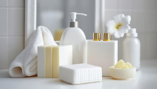 Kosmetische Produkte für die Körperpflege werden wunderschön in elegantem, weichem Licht in einem weißen Badezimmerinterieur mit einem selektiven Fokus auf Generative KI im modernen Stil präsentiert