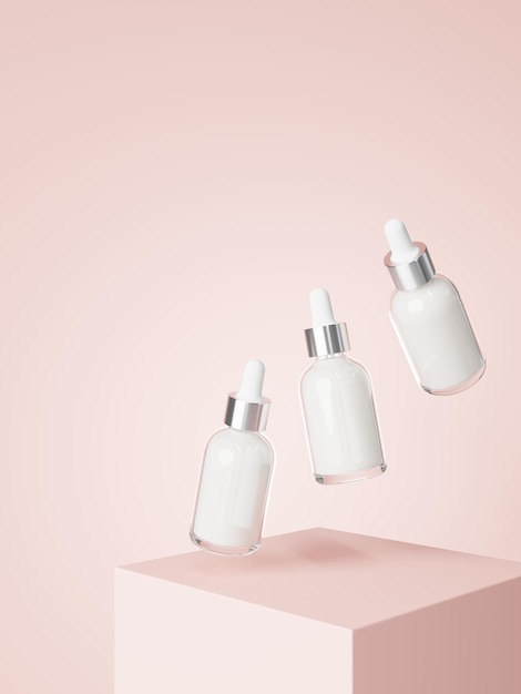 Kosmetische Serum-Tropfflaschen, die auf dem Podium schwimmen, mit rosafarbenem Hintergrund 3D-Render-Pflegeprodukt