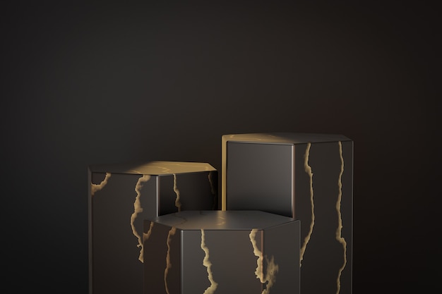 Kosmetischer Display-Produktständer, Marmor-Sechskant-Zylinder-Podium aus schwarzem Gold auf schwarzem Hintergrund. 3D-Rendering-Illustration