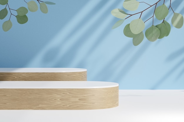 Kosmetischer Display-Produktstand, Podium mit zwei Holzzylinderstangen und grüne Blattpflanze auf blauem Hintergrund. 3D-Rendering-Illustration