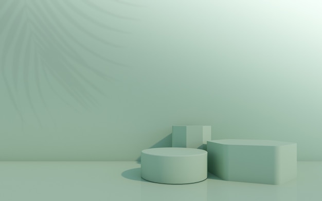 Kosmetisches Flaschenpodest mit grünem Blatt auf grünem Hintergrund. 3D-Rendering.