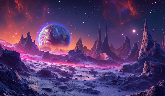 Kosmische Dämmerung auf einem fremden Planeten mit herrlichen Felsformationen