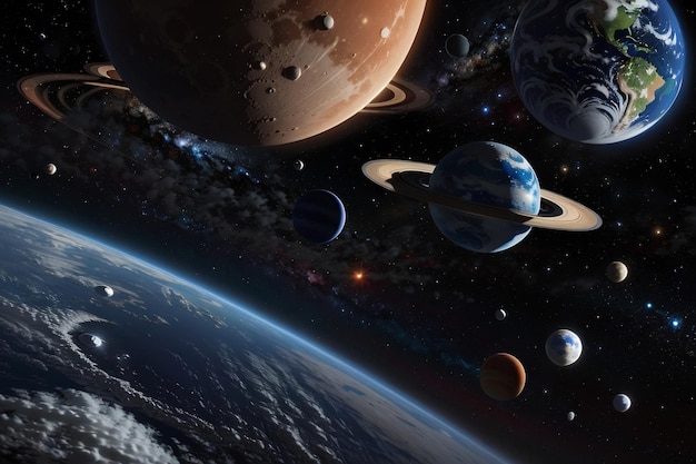 Kosmische Darstellung der Planeten Erde und Mond im riesigen Universum